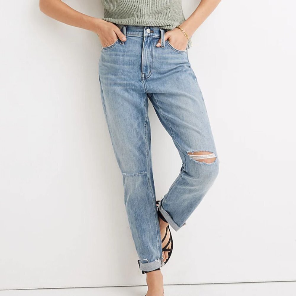 Madewell The High Rise Slim Crop Boyjean Elkart Wash Distressed Jeans